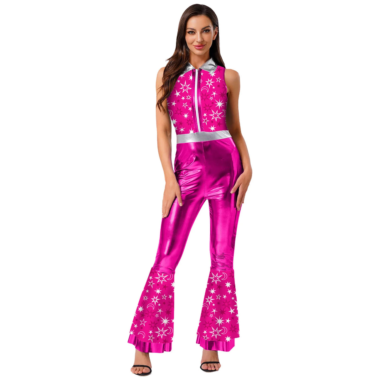 Womens Halloween Retro Hippie Cosplay Costume Party Hip-hop Dance Costume Metallic Shiny Vintage Carnival Bodysuit Jumpsuit
