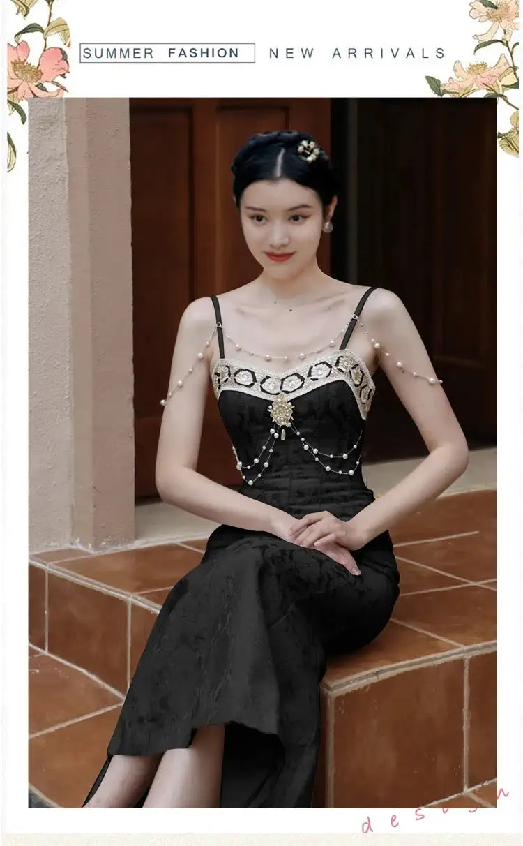 Summer Women Gorgeous Party Mermaid Prom Dress Spaghetti Strap Pearl Beading Ruffles Dress Feminine Backless Trumpet Long Dress - Lootquake