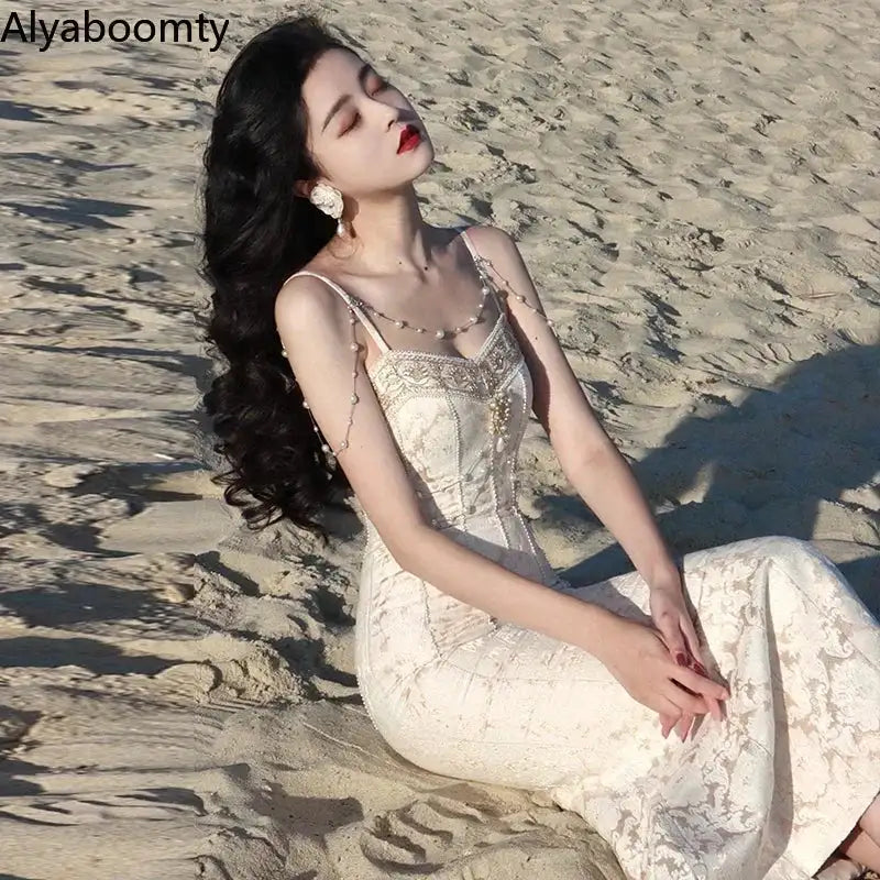 Summer Women Gorgeous Party Mermaid Prom Dress Spaghetti Strap Pearl Beading Ruffles Dress Feminine Backless Trumpet Long Dress - Lootquake