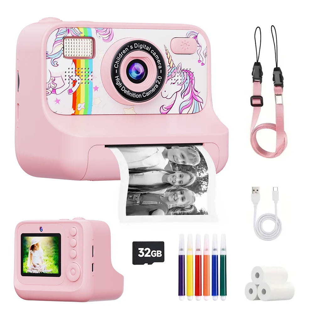 Cámara digital de impresión instantánea de dibujos animados para niños, HD, de 2,4 pulgadas, con 32 GB de capacidad, ideal para cumpleaños, Navidad y otras ocasiones.