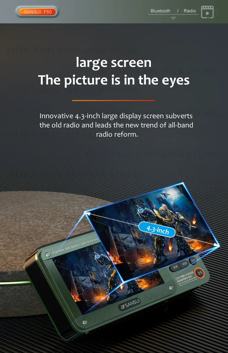 Enceintes Bluetooth sans fil SANSUI, radio pleine bande, lecteur vidéo LED HD, baladeur MP4 portable, batterie rechargeable intégrée
