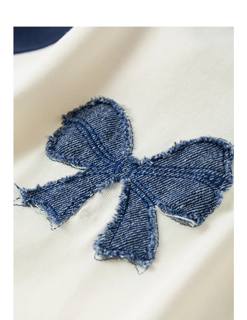 Camiseta TOYOUTH para mujer, otoño 2024, nueva, de mezclilla con lazo y mangas raglán en color contrastante, tops casuales