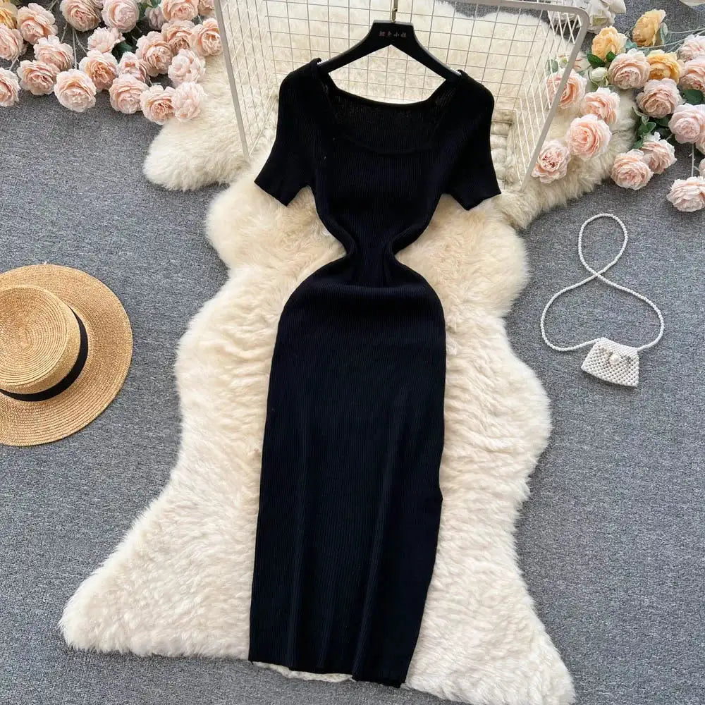 Green 2024 Sexy Summer Knit Short Sleeve Dress Women Squar Collar Waist Bodycon Sundress Female Beach Backless Long Dress - Lootquake