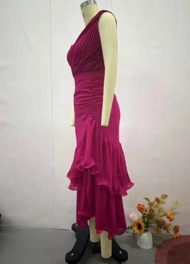 Womens Dresses 2025 Spring New Sweet Style Solid Color High Waist Ruched V-Neck Sleeveless Casual Ruffle Hem Daily Long Dress - Lootquake