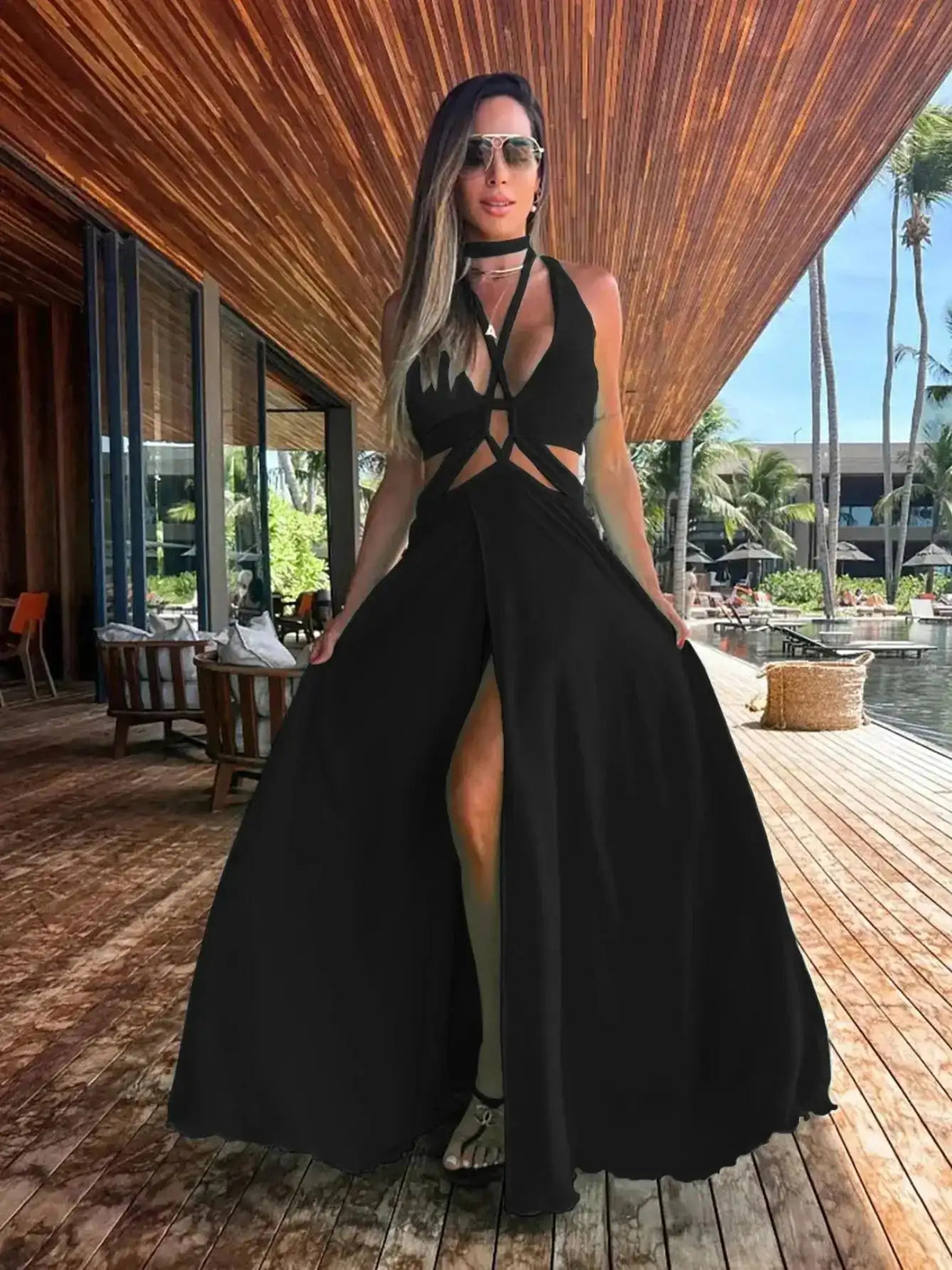 2024 Fashion New Women's Sexy Vacation Dress Solid Long Dress Cut Out Exposed Waist High Slit Suspender Long Skirt - Lootquake