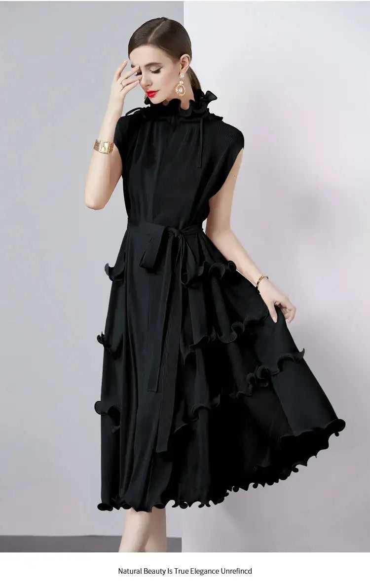 Miyake Pleated Shoulder Bag Heavy Industry Wood Ear Edge Pleated Lace-up Belt Long Dress Stand Collar Plus Size Women's Clothing - Lootquake