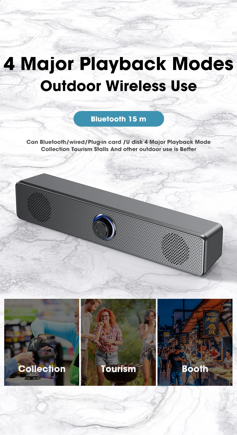 Altavoz Bluetooth Salange con cable USB, puerto de 3,5 mm, barra de sonido para PC, consola de juegos, teléfono inteligente, portátil, tableta, juego de escritorio negro largo