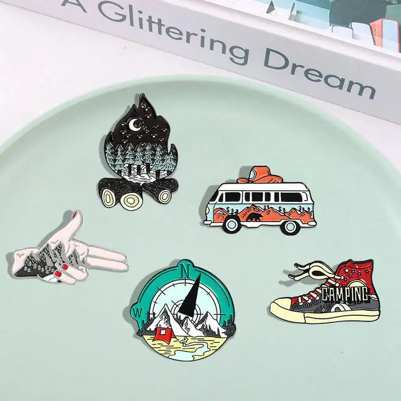 Camping Life Enamel Pin Outdoor Compass Canvas Shoe Bonfire Tent Motorhome Brooches Bag Lapel Pin Badge Jewelry Gift for Friends - Lootquake
