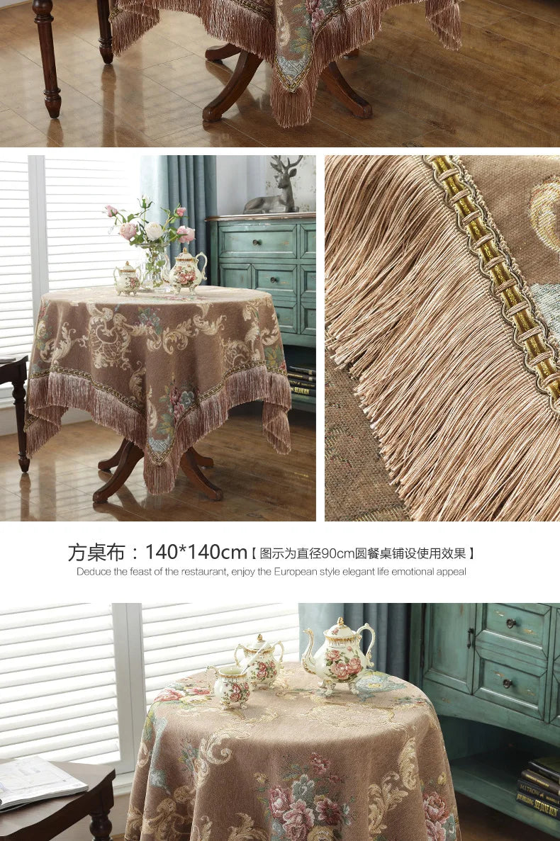 European Retro Style Jacquard Tablecloth Chenille Tassels Home Furnishings Living Room Decorate Dustproof Round Tablecloth