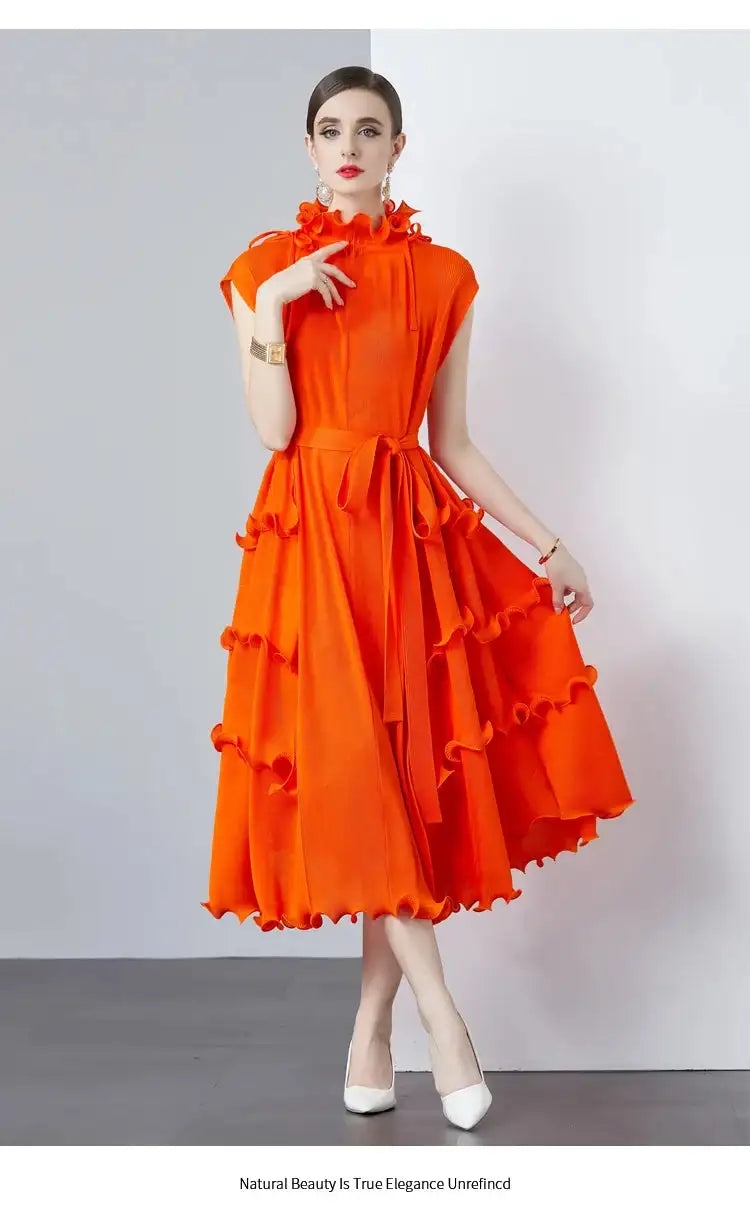 Miyake Pleated Shoulder Bag Heavy Industry Wood Ear Edge Pleated Lace-up Belt Long Dress Stand Collar Plus Size Women's Clothing - Lootquake