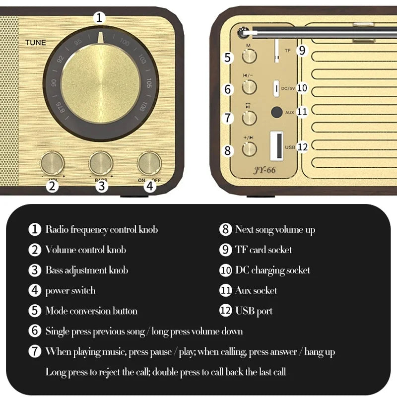 Enceinte Bluetooth nostalgique, son Bluetooth, enceinte classique rétro, radio rétro, sans fil, Bluetooth 5.0, caisson de basses portable en bois