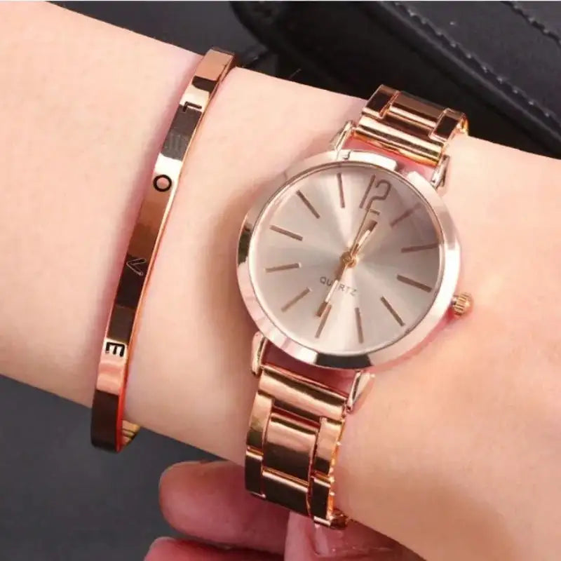 2pcs Set Watch Luxury Women Simple Dial Hollow Strap Fashion Gold Bracelet Quartz Wristwatch Student Ladies Watches Reloj Mujer - Lootquake