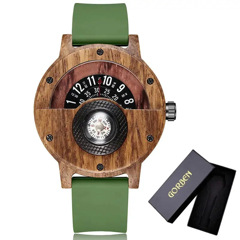 Natural Wood Watch Men Turntable Compass Dial Real Walnut Ebony Bamboo Wooden Watches Male Brown Concept Clock Quartz Wristwatch