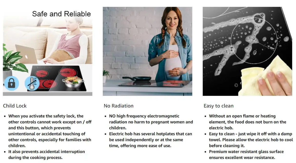 Karinear dispose d'une cuisinière en céramique avec 4 brûleurs intégrés, deux zones extensibles, une table électrique intégrée, une commande tactile, une minuterie