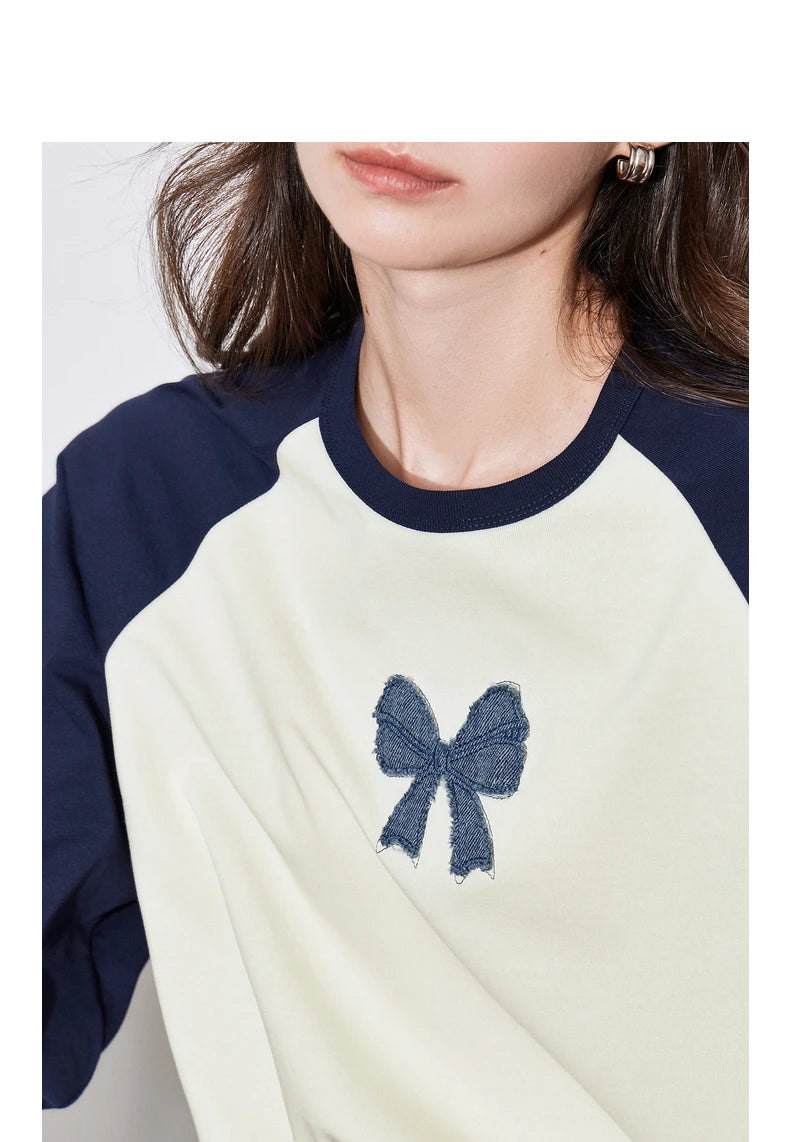 TOYOUTH Women T-shirt 2024 Autumn New Denim Bow Contrasting Color Raglan Sleeve Pullover Casual Tops - Lootquake
