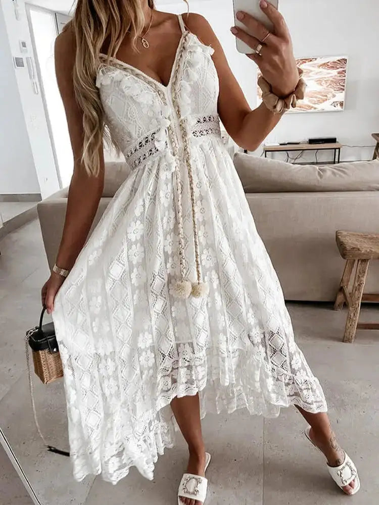 Boho Long Dress Women Summer Lace V Neck Flare Sleeve Sexy Maxi Dress Lady Holiday Party Beach Wedding Dresses Vestidos De Mujer - Lootquake