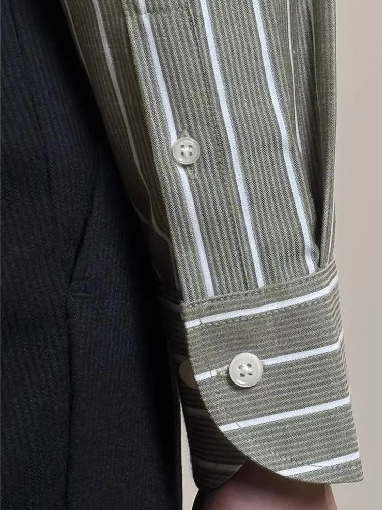 Vintage Striped Printed Slim Shirts Mens Casual Long Sleeve Lapel Buttoned Shirt 2025 Spring Fall Mens Shirt Naple Style Clothes