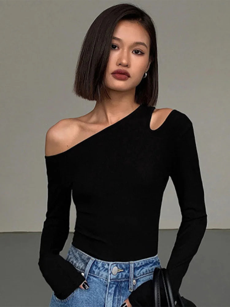 Fashion Skew Collar Off-shoulder Long-sleeved T-shirts Women Spring 2025 New Solid Slim Fit Crop Top Sexy Hollow Out Tees Shirts - Lootquake