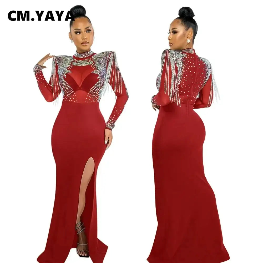 CM.YAYA Women Mesh See Through Long Sleeve Diamonds Hot Rhinestones Mermaid Long Dress Fall Evening Sexy Party Dresses Vestidos - Lootquake