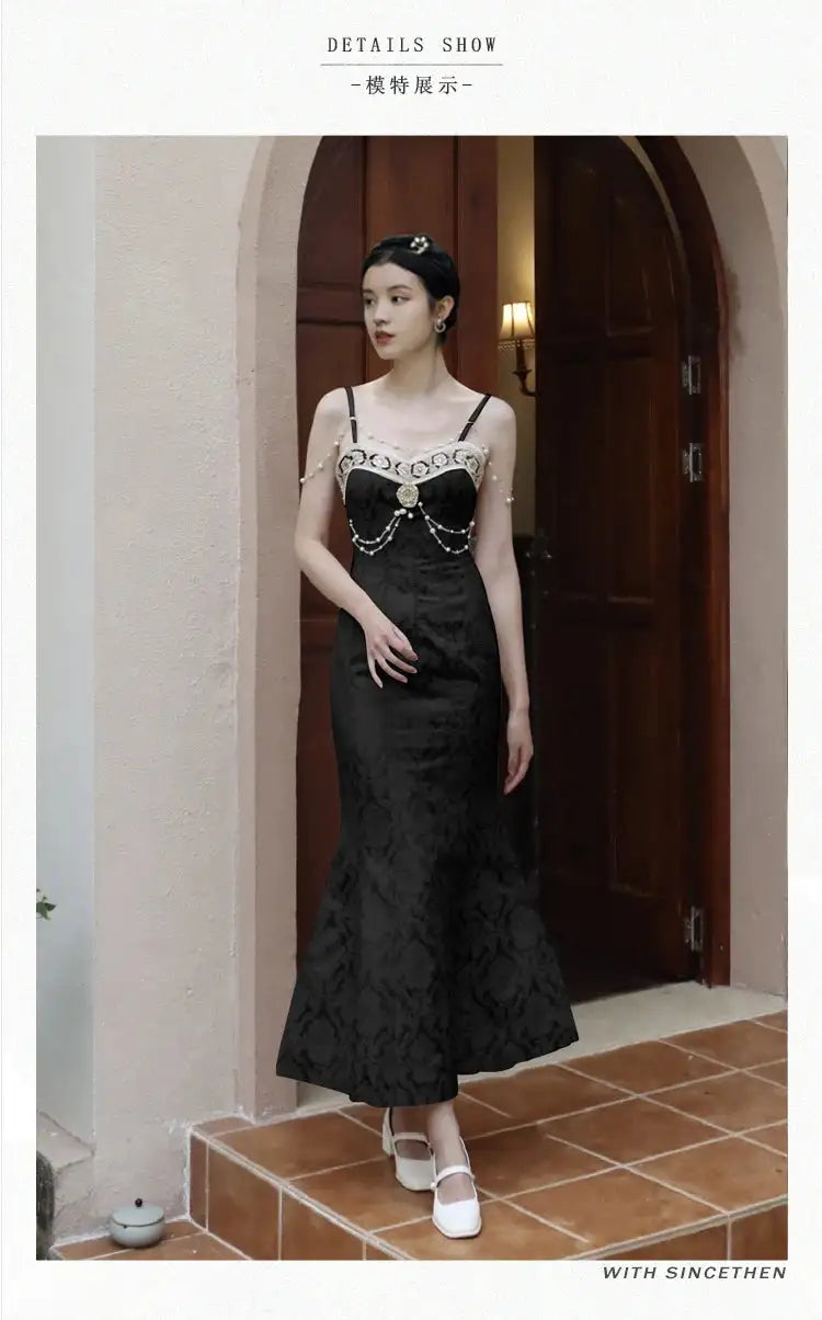 Summer Women Gorgeous Party Mermaid Prom Dress Spaghetti Strap Pearl Beading Ruffles Dress Feminine Backless Trumpet Long Dress - Lootquake