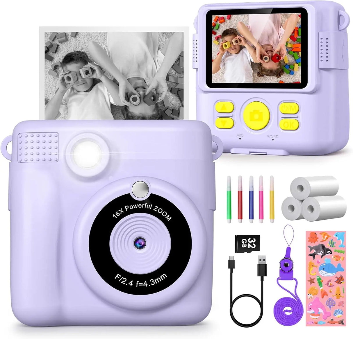 Appareil photo numérique à impression instantanée Gofunly pour enfants, appareil photo thermique 2,4 pouces 1080p, jouet pour enfants de 6 à 12 ans