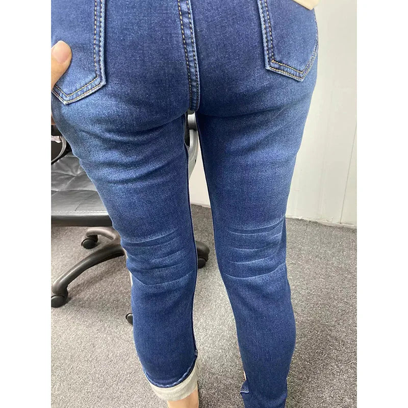 Women Thermal Jeans Winter Snow Warm Plush Stretch Jeans Lady Skinny Thicken Fleece Denim Long Pants Retro Blue Pencil Trousers - Lootquake