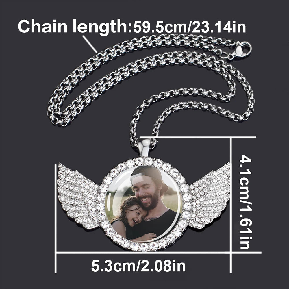 Custom Necklace Personalized Photo Picture Angel Wings Rhinestone Pendant Chains Necklaces Creative Fashion Hip Hop Jewelry Gift - Lootquake