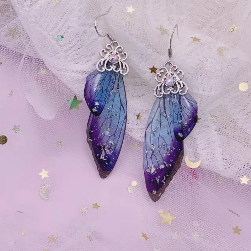 Boucles d'oreilles en forme d'ailes de fée faites à la main, en forme d'ailes de papillon, d'insectes, en forme de goutte, en feuille de strass, bijoux de mariée romantiques