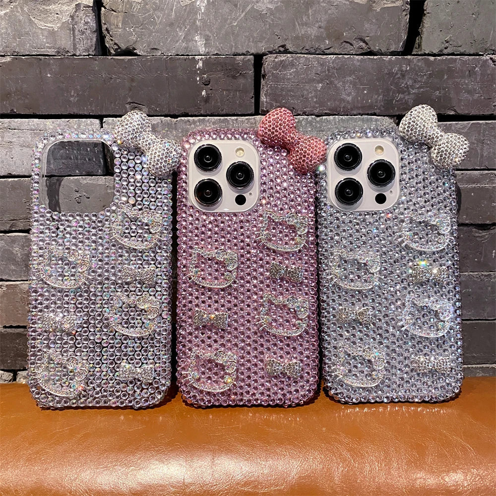 Funda para teléfono con lazo rosa y cara de Hello Kitty con purpurina de diamante