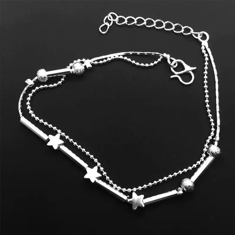 Silver color Stars Anklet Double Layer plated Charms Ankle Bracelet Jewellery Anklets For Women Foot Jewelry Love 2023 new hot - Lootquake