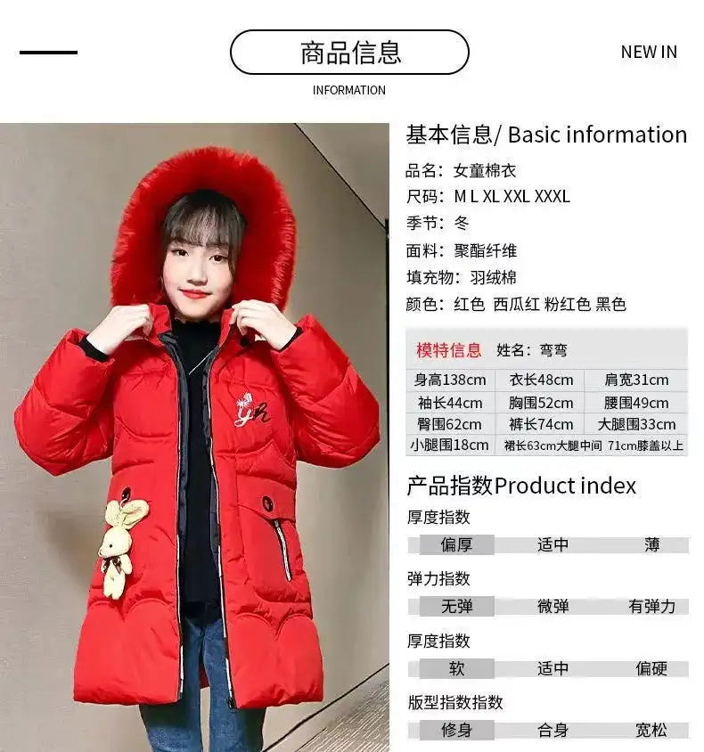 4 Color Big Size Winter Keep Warm Long Style Girls Jacket Teenage Thick Heavy Cold-proof Hooded Windbreaker Coat For Kids - Lootquake
