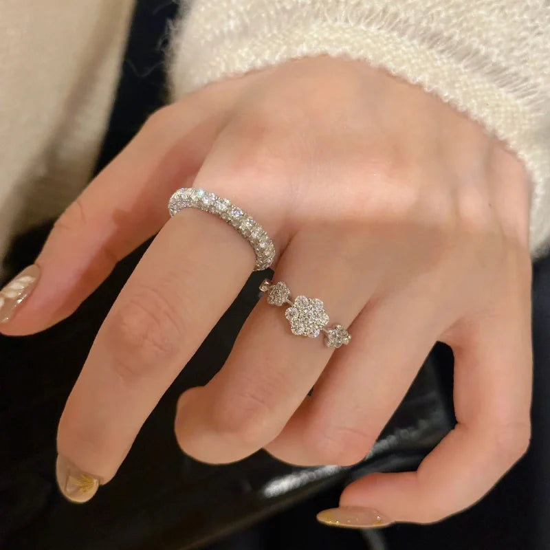 French Style Light Luxury Exquisite Bracelet Chic Elastic Flower Bracelet Sparkling Zircon Snowflake Ring 925 Silver Jewelry Set - Lootquake