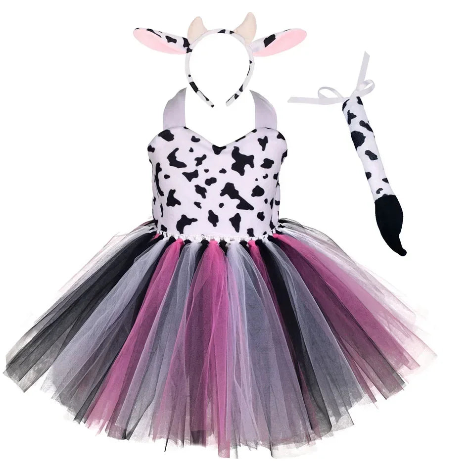 Halloween Animal Cosplay Costume for Children Forest Theme Cows Tiger Giraffe Leopard Zebra Tutu Dresses Performance Dance Sets