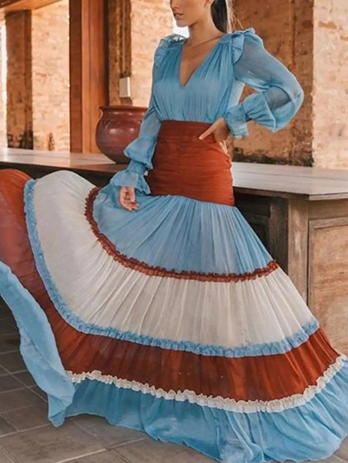 Elegant Ruffle Dress for Women Tiered A-Line Sweet Fashion Lantern Sleeve V-Neck Patchwork Layer Long Dress for Autumn 2024 - Lootquake