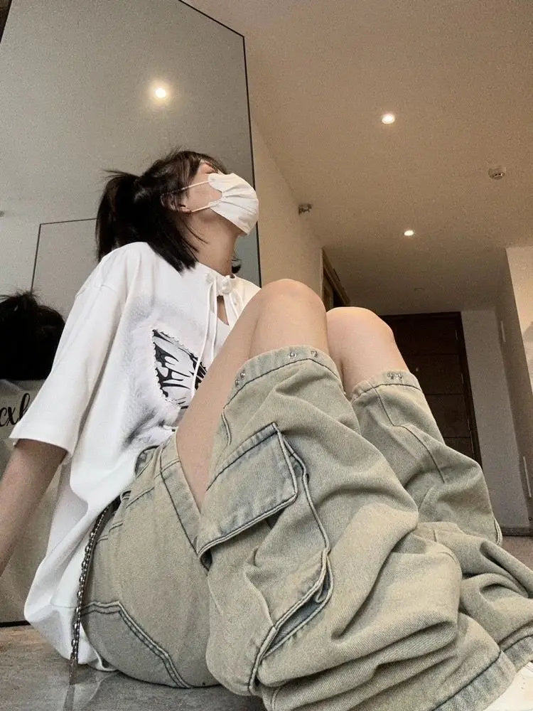 American New Detachable Design Sense Tooling Jeans Female Y2K Fashion Gothic Retro High Street Straight Small Vibe Waisted Pants - Lootquake