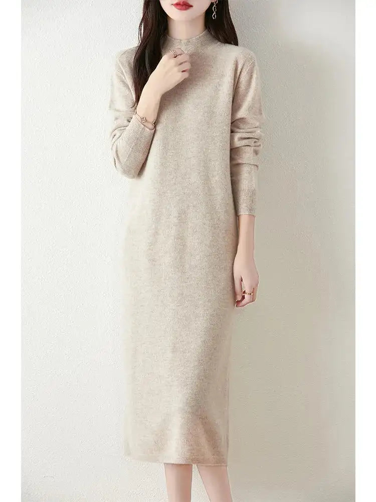 Autumn Winter Women's Wool Long Dress Cashmere Mock Neck Pullover Sweater 100% Merino Wool Soft Knitwear OL Simple Basic Dress - Lootquake