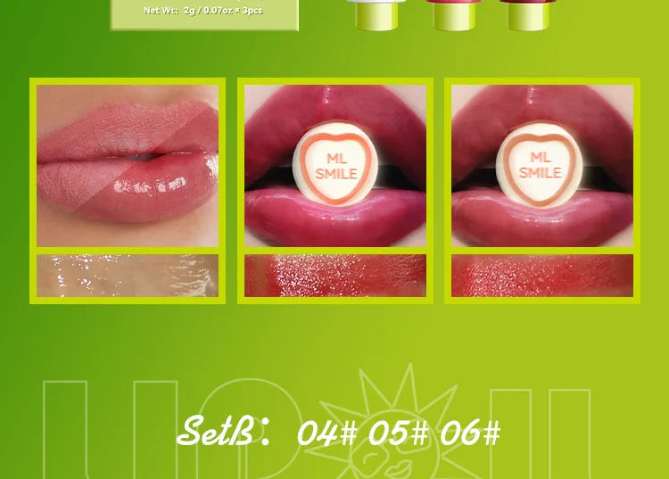 MLSMILE 3pcs/set Press Lipstick Solid Lip Gloss Long-lasting Easy Color Moisturizing Lip Gloss Pearl Mirror Lip Gloss