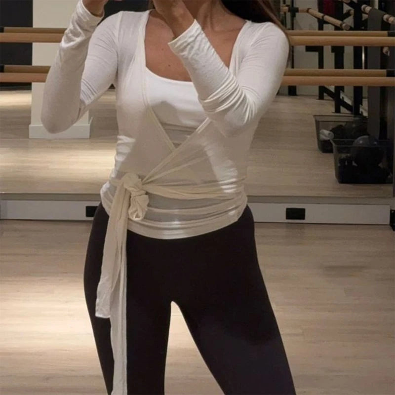 Ladies Yoga Workout Blouses Tees Women Cross Wrap Tie Crop Tops Fashion Long Sleeve Deep V Neck Solid Color Slim Fit T-Shirts - Lootquake