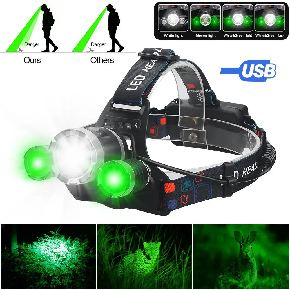 Headlamp Green/Red/UV395nm+White Dual Light Rechargeable Fixed Focus Waterproof 4Modes Headlight Hunting Camping Hiking Working - Lootquake