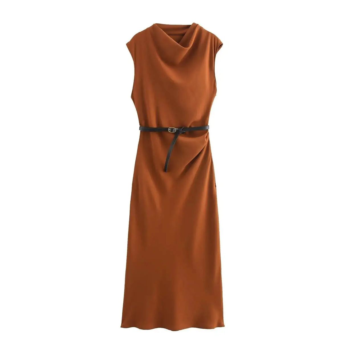 TRAFZA Women's Autumn New Fashion Versatile Belted Midi Slim Long Dress Female Elegant High Street Sleeveless Casual Dress Mujer