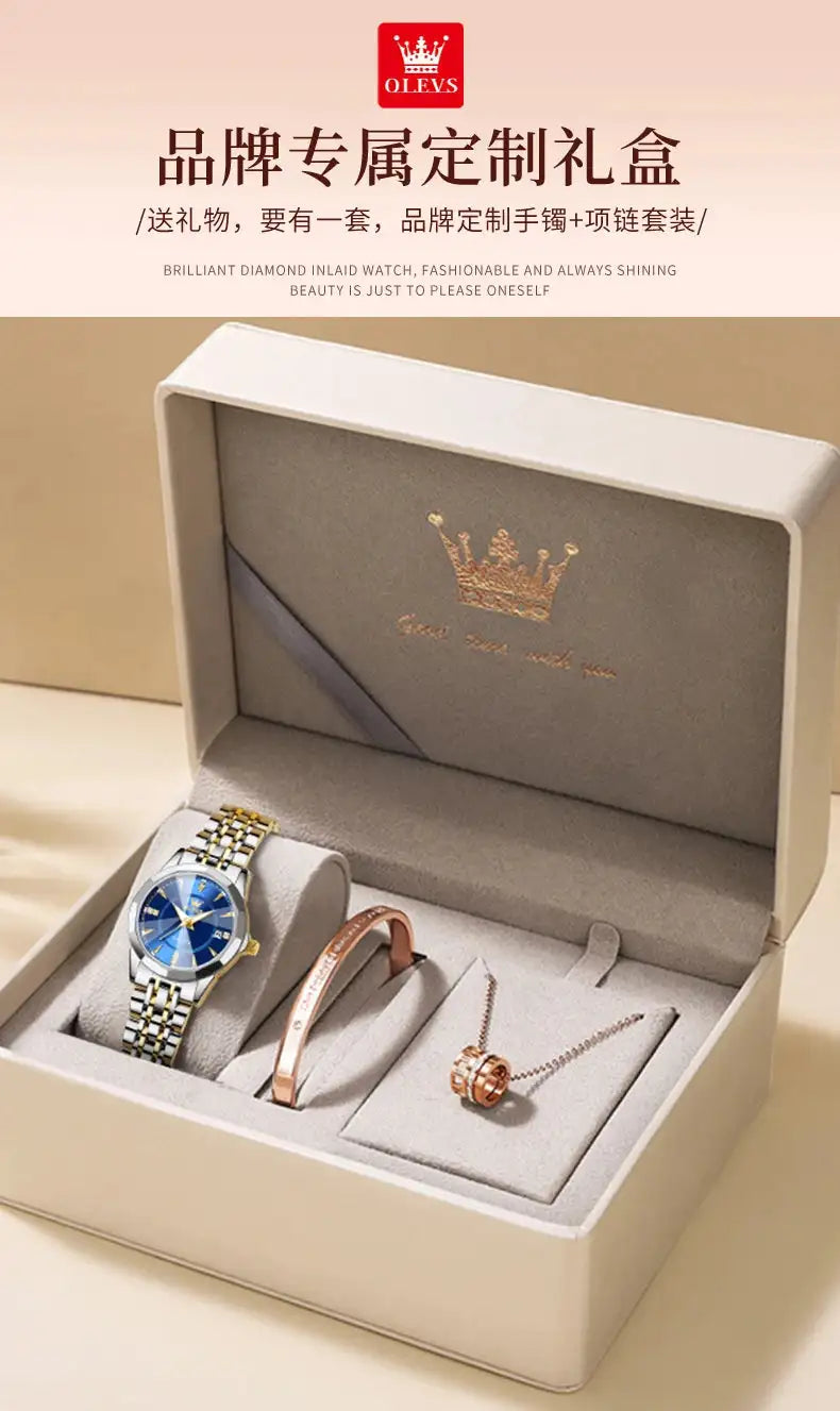 OLEVS Original Brand Elegant Women's Watches Waterproof Luminous Quartz Watch for Lady Necklace Bracelet Gift Box Set Calendar - Lootquake