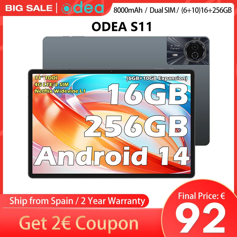 Tablette Odea S11, 11 pouces, TDDi, Android 14, (6+10) 16 Go de RAM, 256 Go de ROM, 4G LTE, 8 000 mAh, 1920 x 1200, Unisoc T606, 8 cœurs, Mali-G57, Wi-Fi 5G, GPS, 2 emplacements SIM, mémoire jusqu'à 1 To, compatible Netflix Widevine L1