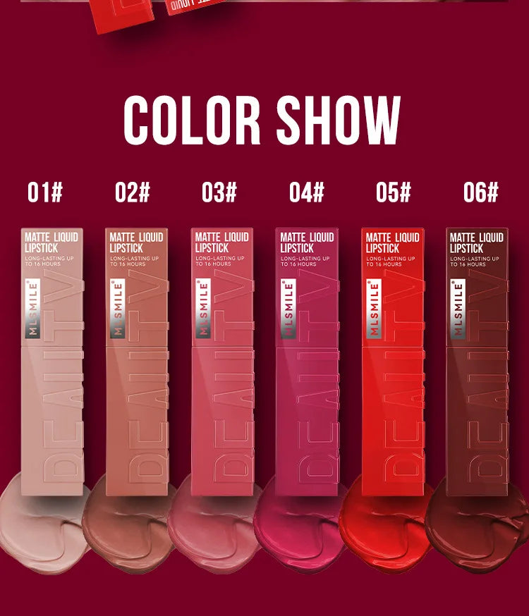 MLSMILE 6 Color Non-stick cup Velvet Satin Gloss Lip glaze Mist Liquid matte lipstick Waterproof long-lasting color liquid