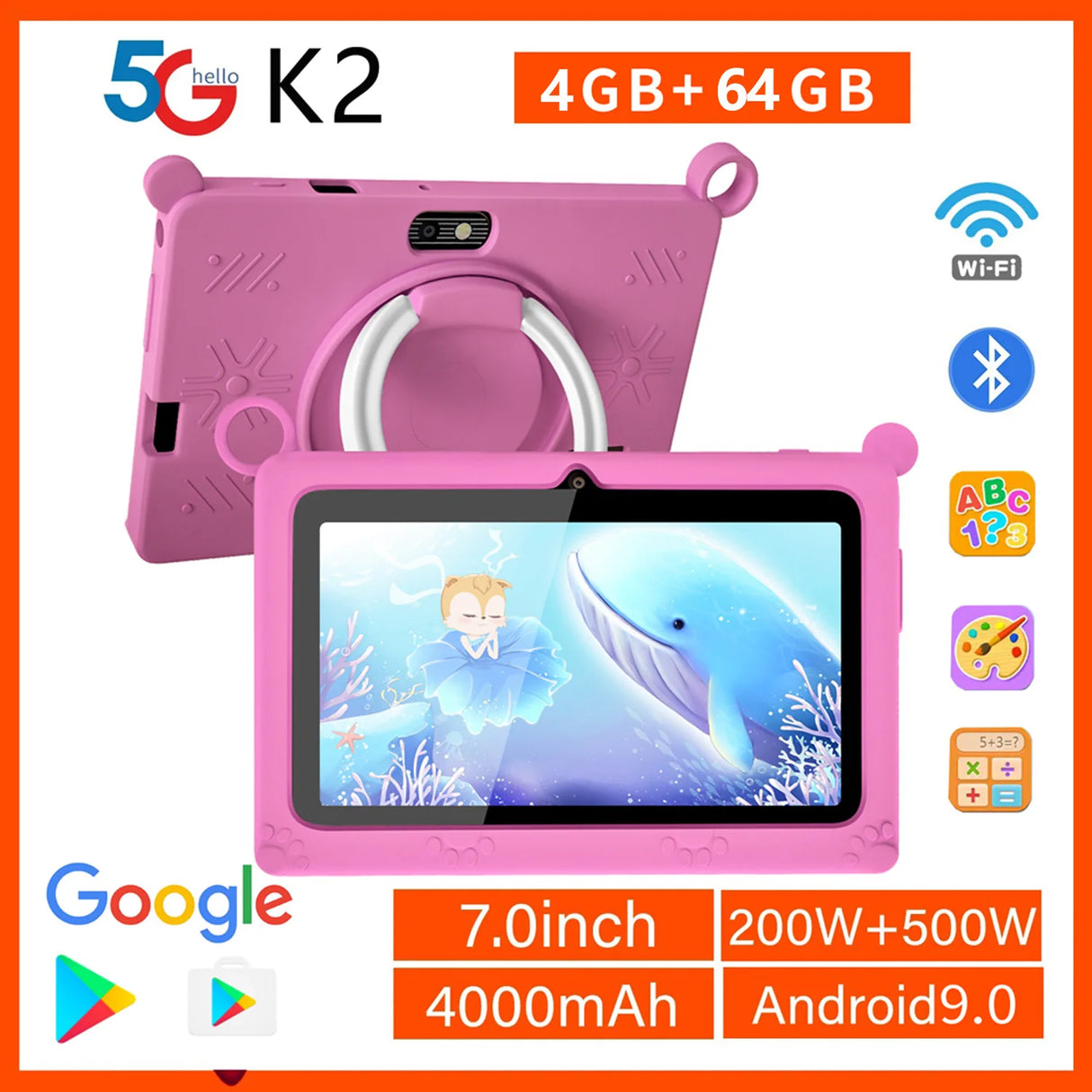 Tablette enfant BDF 7 pouces Google Learning Education Games Quad Core 4 Go RAM 64 Go ROM WiFi Bluetooth Double caméra