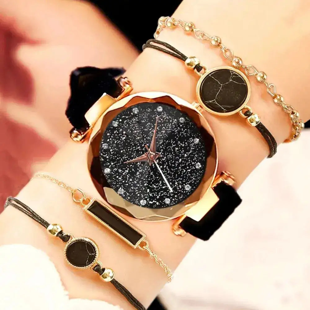 5pcs Set Womens Watches Set Ladies Fashion Watch Black Female New Simple Casual Womens Analog WristWatch Bracelet Gift No Box - Lootquake