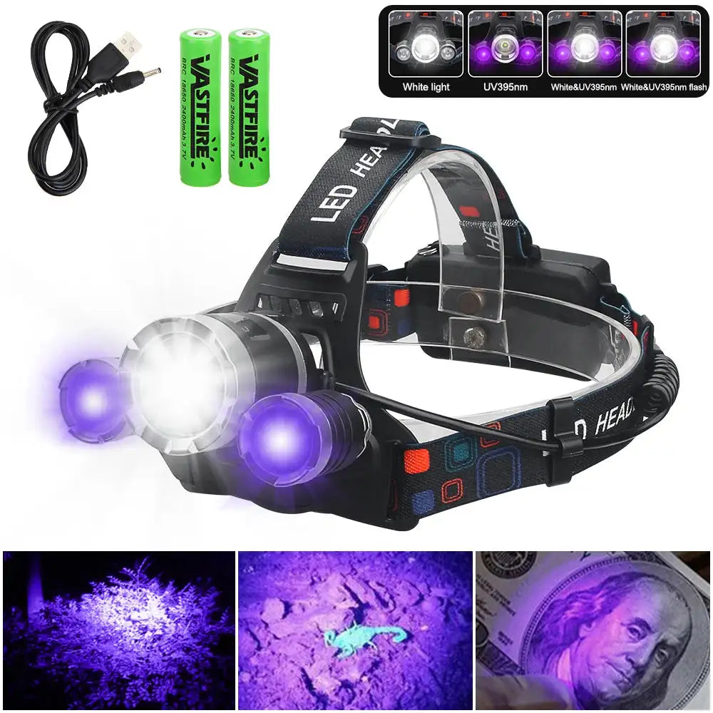 Headlamp Green/Red/UV395nm+White Dual Light Rechargeable Fixed Focus Waterproof 4Modes Headlight Hunting Camping Hiking Working - Lootquake