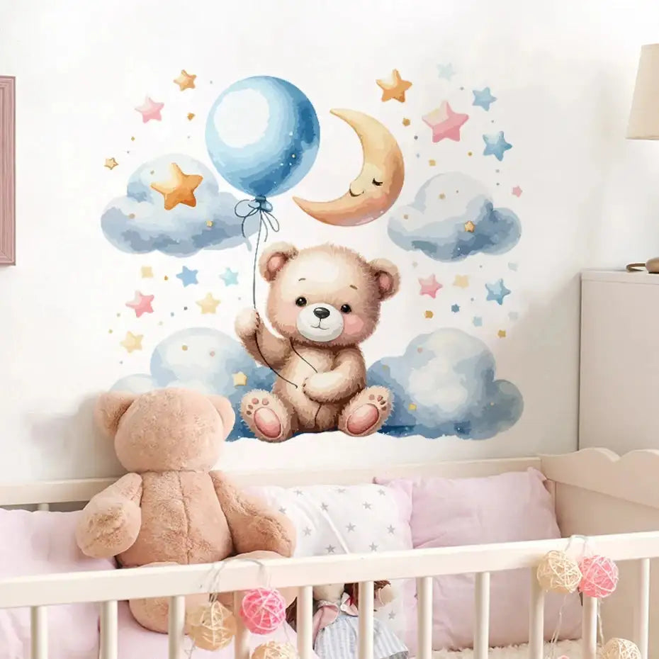 Cartoon Teddy Bear Tent Stars Wall Stickers for Kids Room Nursery Baby Room Decoration Wall Decals Room Interior - Lootquake