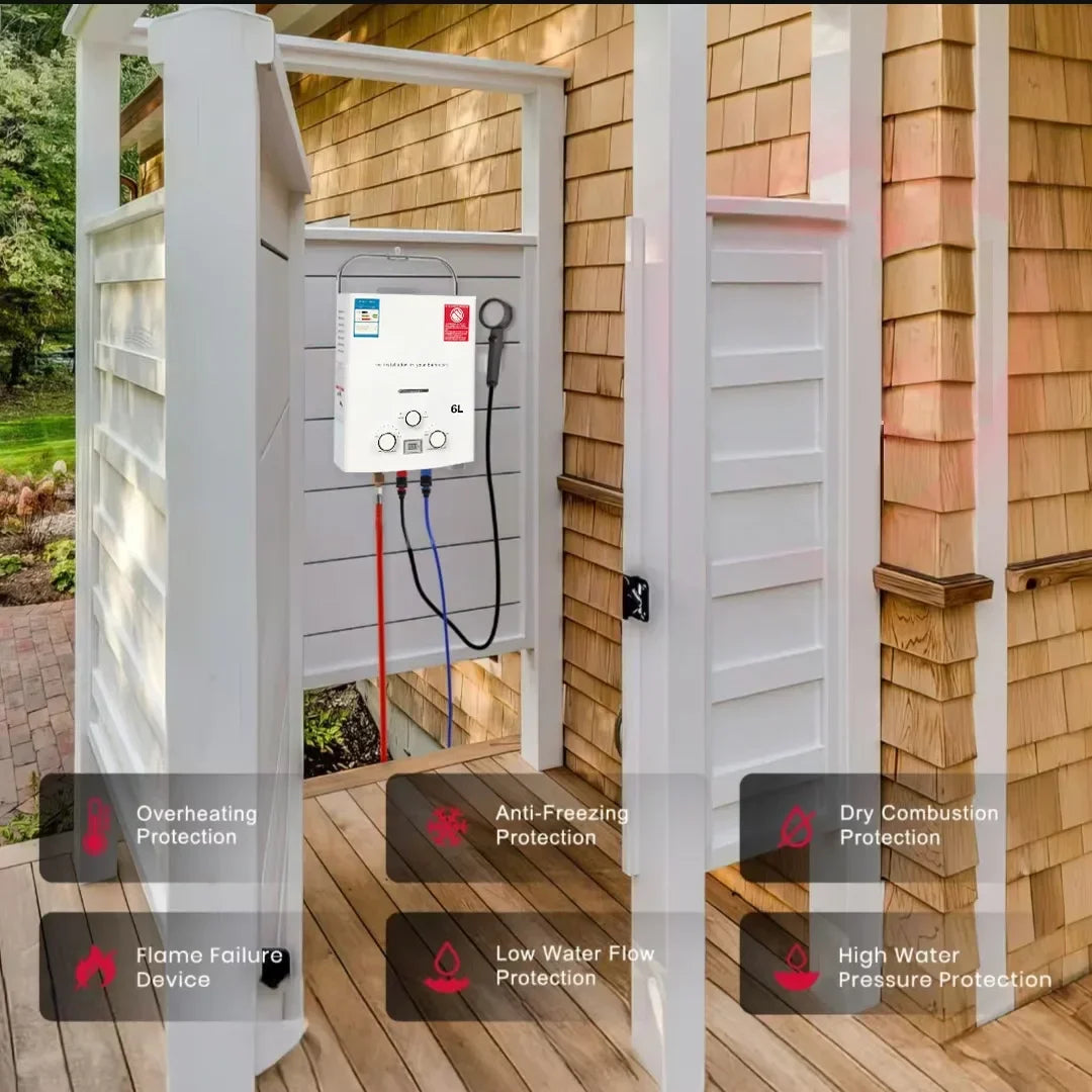 Calentador de agua instantáneo sin tanque de 6 litros para acampar al aire libre, a gas propano, con cabezal de ducha, para auto, camión y tienda de campaña.