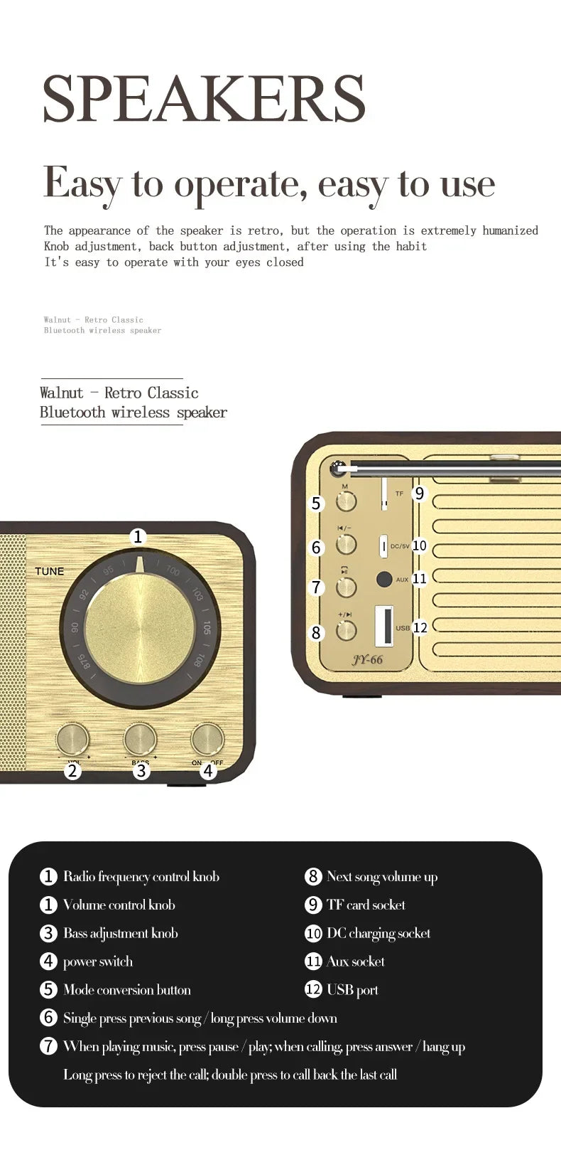 Altavoz Bluetooth nostálgico con sonido Bluetooth, altavoz clásico retro, radio retro, subwoofer portátil inalámbrico Bluetooth 5.0 de madera