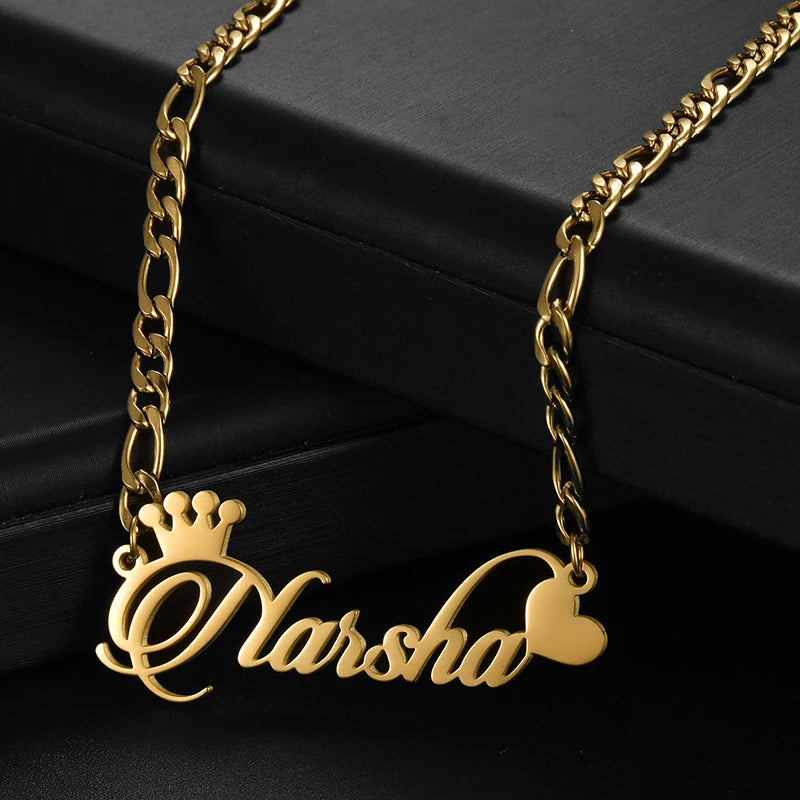Goxijite Custom Name Collar Customized Crown Heart Nameplate Charm Necklaces Figaro Chain Stainless Steel Women Jewelry Gift - Lootquake